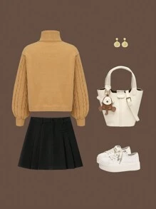 Tween 女童不对称下摆套头毛衣，时尚优雅的高领设计，适合秋冬季