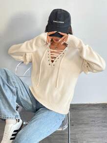 Chiquease Suéter feminino com decote em V e cordão e bainha com babados, outono - Damasco - Ver 6