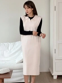 DAZY Women's Long Solid Color Elegant Sleeveless Collared Sweater Dress,Fall Clothes - Apricot - View 2