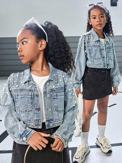 SHEIN Explorewe Chaqueta de mezclilla brillante con decoración de rhinestones y perlas para niña preadolescente, apta para uso diario y presentaciones de moda