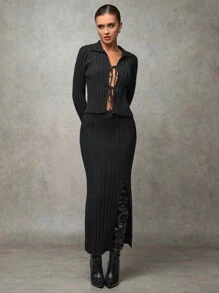 SHEIN BAE 女士休闲系带罗纹针织毛衣开衩毛衣裙套装，秋冬镂空服装感恩节女装商务休闲女装冬装女秋季套装猫女服装冬季女装套装丑女圣诞毛衣套装返校节性感两件套秋冬加厚柔软亲肤毛衣套装适合外出聚会约会逛街开学场合 - 黑色 - 查看 3