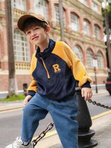 SHEIN 1pc Young Boy Korean Style Casual Sporty Chic Plush Windbreaker Jacket, Stand Collar Half-Zip, Ribbed Cuffs, Contrast Color Applique Letter Embroidery Design, Suitable For Schooling, Outdoor Sports, Streetwear, Autumn/Winter Season