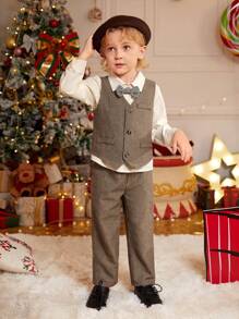 SHEIN Young Boy 3pcs Outfit Set: Herringbone Vest, Long Pants And Long Sleeve Shirt, Gentleman Style - Multicolor - View 1