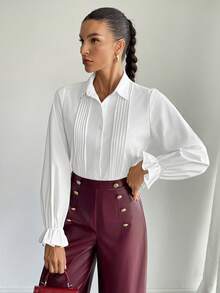 SHEIN Essnce Áo sơ mi nữ tay dài xếp ly đơn hàng khuy cài nút cổ điển thường ngày màu trắng trơn màu dành cho nữ Áo sơ mi nữ Áo cánh nữ Áo sơ mi Lễ Tạ ơn, Mùa thu - trắng - Xem 6