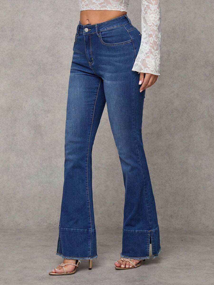 SHEIN Essnce Quần Jeans Ống Loe Ôm Ôm Co Giãn Màu Xanh Cho Nữ - Màu xanh lam - Xem 1