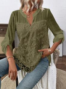 EMERY ROSE Embroidered Chiffon Casual Long Sleeve Loose Blouse Fall Cloth For Women - Olive Green - View 5