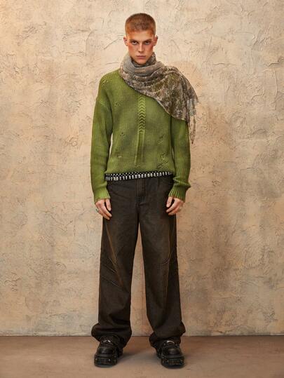 Grunge Punk Maglione casual da uomo a girocollo in tinta unita con effetto logoro