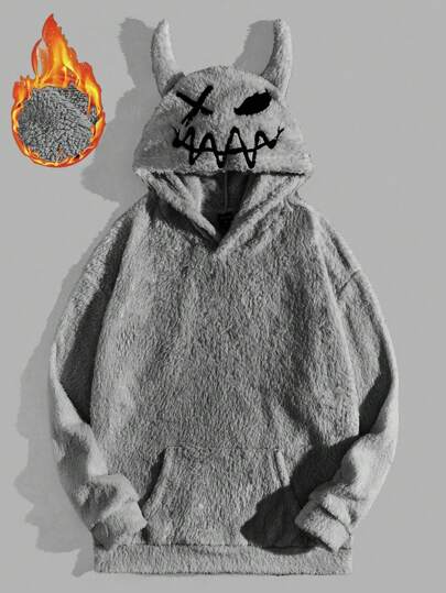 Manfinity BRENVOR Men's Oversized Cartoon Embroidered 3D Ears Teddy Hoodie, For Fall Winter, Long Sleeve Top