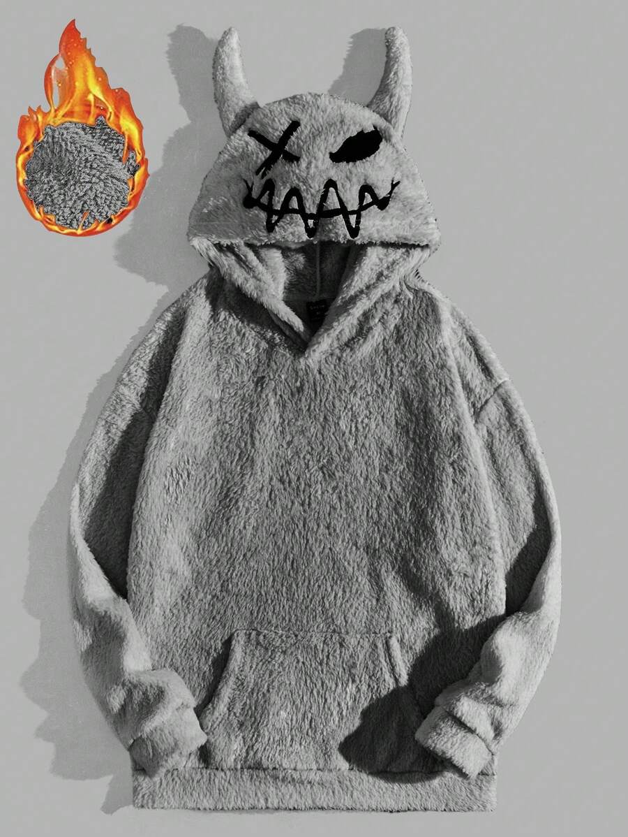 Manfinity VCAY Áo hoodie gấu bông thêu hình tai 3D hoạt hình cỡ lớn cho nam, thời trang thu đông, tay dài - Xám - Xem 1
