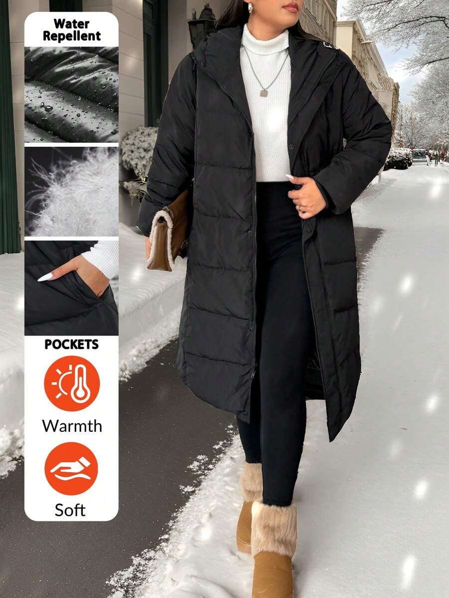 SHEIN EZwear Damen Große Größen einfarbiger, mit Kapuze, langer, lässiger, schwarzer Daunenjacke & Federn Mantel, Winterbekleidung