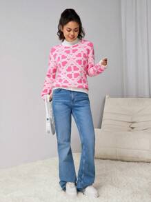 Teen Girl Pink Four-Leaf Clover Plush Warm & Soft Yarn Colorblock Stand Collar Sweater, Suitable For Outings, Gatherings, Parties, Warm For Autumn/Winter - Pink - View 4