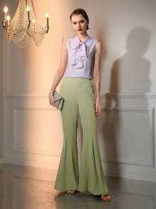 The Great Gatsby x MOTF 纯色弹力腰喇叭裤 - 綠色 - 查看 5