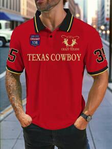 Manfinity Homme Plus Size Men's Casual Letter & Stripe Print Polo Shirt - Red - View 1