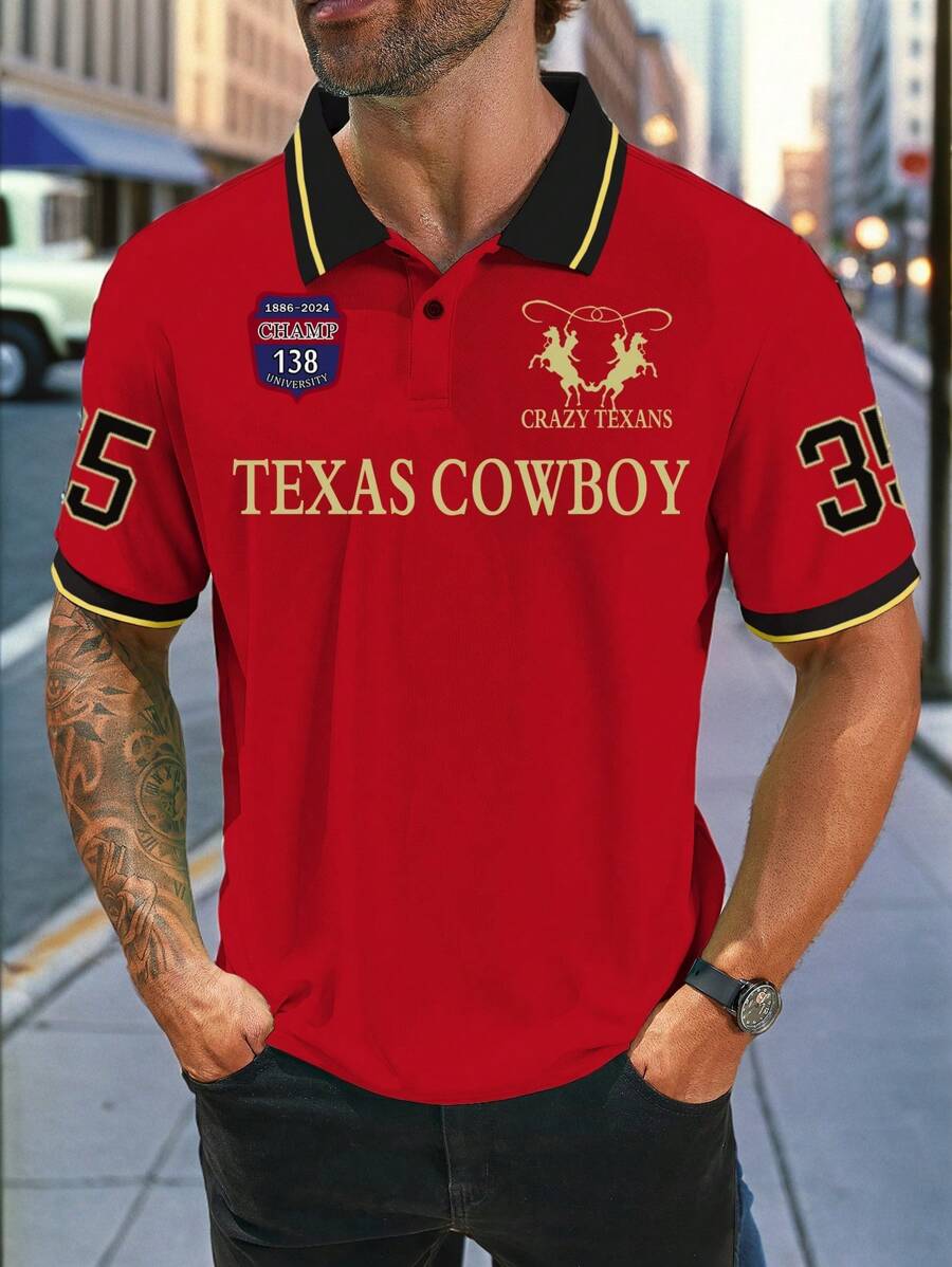 Manfinity Homme Plus Size Men's Casual Letter & Stripe Print Polo Shirt - Red - View 1