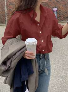 DAZY 女士纯色落肩长袖口袋宽松休闲衬衫，秋季 - 玫瑰紅 - 查看 4