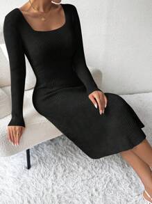 Chiquease Váy len dài tay cổ vuông màu đen trơn có gân - màu đen - Xem 5