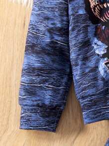 2pcs Set Girls' Casual Hooded Long Sleeve Graphic Print Denim Pants Outfit, Suitable For Holidays Travel And Festivals In Spring And Autumn