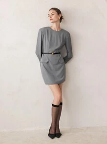BizChic 女士休闲系腰圆领长袖迷你连衣裙，优雅女士办公室连衣裙，秋季 - 灰色 - 查看 11