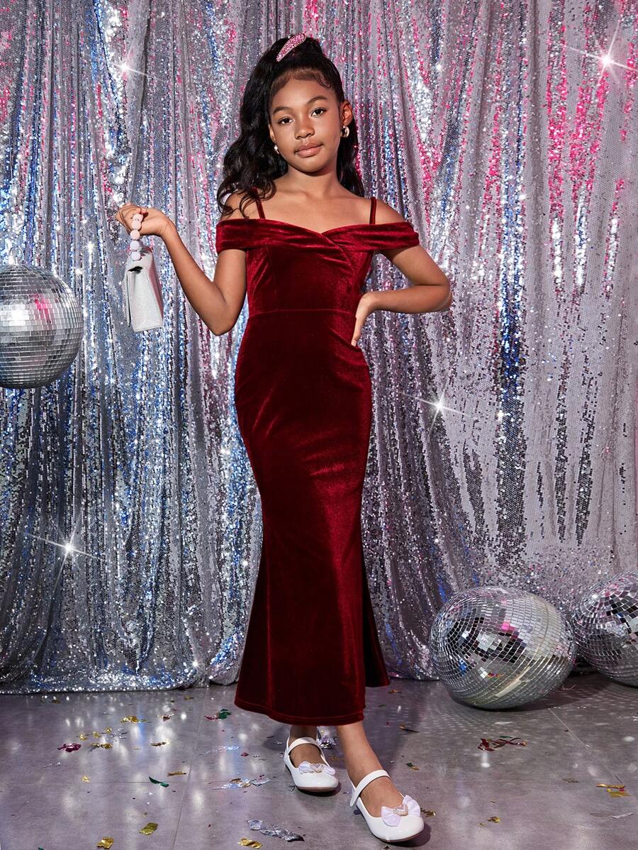 SHEIN Tween Girls' Velvet Solid Color Off-Shoulder Slit Fishtail Dress ...