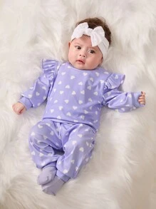 SHEIN 新生女婴紫色圆点荷叶边长袖上衣和裤子 2 件套，秋冬 - 紫色 - 查看 1