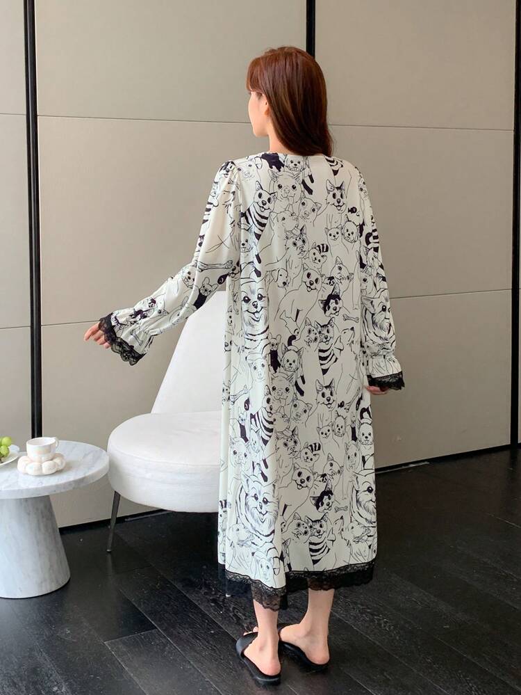 Cute Line Drawn Animal Print Ruffled Lace Patchwork Nightgown Pajama
