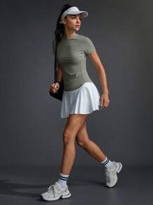 Exploreva 女士纯色圆领插肩短袖休闲健身运动 T 恤 - 灰色 - 查看 4