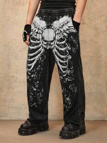 ROMWE MEN Grunge Punk Herren Lässige Jogginghose mit Flügel Muster, Kordel Taille, Taschen und weitem Bein - Schwarz - Übersicht 4