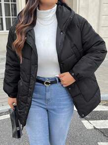 SHEIN Frenchy 1 chiếc áo khoác đệm màu đen cỡ lớn có mũ trùm đầu có thể tháo rời, cổ cao, 4 túi và thắt lưng kim loại, ấm áp và chống gió cho mùa đông - màu đen - Xem 7