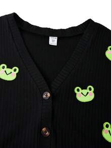 SHEIN 1件少女可爱青蛙图案黑色休闲衬衫式外套 - 黑色 - 查看 5