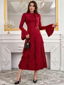 Modelyn Vestido largo de noche elegante con cuello de lazo, mangas largas acampanadas, dobladillo con volantes y cintura ajustada en línea A - Rojo - Ver 7