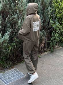 DAZY Bộ đồ thể thao nữ thường ngày in chữ gồm áo hoodie và quần, thích hợp mặc mùa thu, bộ đồ mặc nhà cho nữ. - Màu xám đen - Xem 2