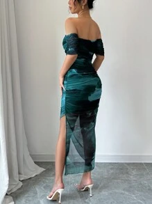 Selianne Women's Elegant Off Shoulder Tie-Dye Slit Fitted Dress, Autumn Maxi Women Outfit - Dark Green - View 2