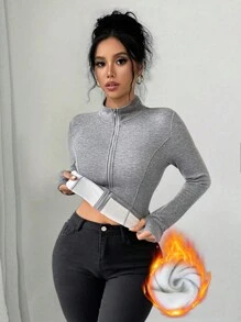 Chiquease Áo khoác giữ ấm dáng ôm vừa vặn có khóa kéo màu xám lót nhiệt - Xám - Xem 1