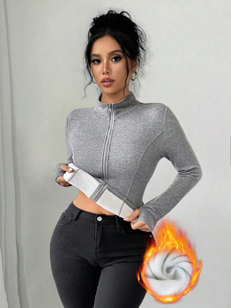 Chiquease Áo khoác giữ ấm dáng ôm vừa vặn có khóa kéo màu xám lót nhiệt - Xám - Xem 1