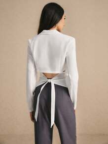 Poéselle Women's White Tie-Back Shirt Casual Solid Color Tie-Back Blouse, Spring/Autumn Women Blouses Fall Clothes Vintage Clothes White Long Sleeve Fall Women Outfits Fall Tops Business Women Clothes Business Casual Women Office Wear Long Sleeve Shirt Going Out Tops