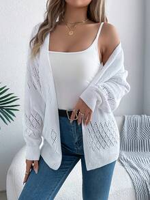 Cardigan a maniche lunghe lavorato a maglia con design a motivo traforato, adatto per l'autunno e l'inverno - Bianco - Visualizzare 6
