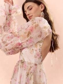 Enchnt Autumn/Winter Romantic Women's Sweetheart Elegant Floral Print Puff Sleeve Backless Dress,For Halloween&Christmas Party - White - View 4