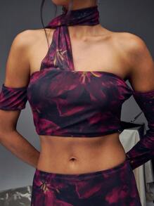 SHEIN Unity 黑色背景不对称袖短款花卉印花上衣 - 彩色 - 查看 4