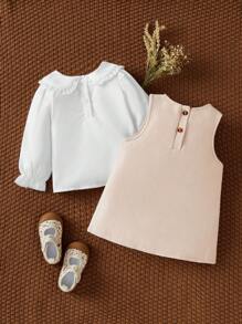 SHEIN 2pcs Baby Girl Peter Pan Collar Long Sleeve Blouse And Round Neck Sleeveless Tank Top Set - Khaki - View 2