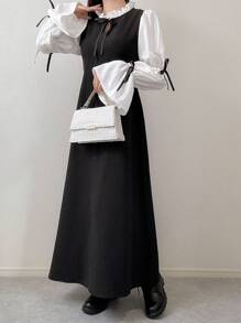 FRIFUL 女士优雅休闲撞色蝴蝶结装饰结领连衣裙，秋季，荷叶边长袖连衣裙 - 黑色 - 查看 3