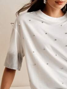 Anewsta Women Tie-Dye Tie Dye Color Short Sleeve Loose Rhinestone T-Shirt