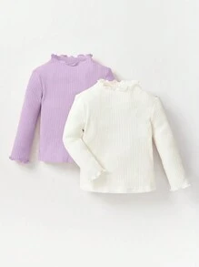 SHEIN Leap Crew Young Girl Cheapest Buy 1 Get 1 Free 2 Pieces/Set Casual Basic All-Match Wave Trim Stand Collar Long Sleeve Solid Color Top 2pcs/Set,Autumn And Winter,Great For Casual & Daily Wear & School Daily,College Style, Back-To-School,Party Fall (10),Winter (5),White