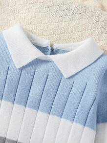 SHEIN Macacão de Tricô com Gola Listrada para Bebê Meninos - Azul, Cinza, Branco, Confortável e Quente, Adequado para Outono/Inverno