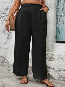 SHEIN VCAY Plus Size Apricot Linen Pocket Women Summer Pants - Black - View 3