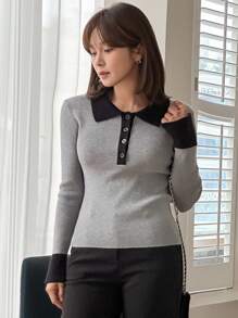 DAZY Suéter elegante de manga larga de punto con ribete contrastante y botones delanteros para mujeres