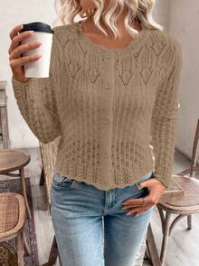 SHEIN LUNE Áo khoác cardigan dệt kim cổ tròn khoét nút phía trước cho nữ, mùa thu đông - Màu Khaki - Xem 7