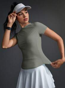 Exploreva 女士纯色圆领插肩短袖休闲健身运动 T 恤 - 灰色 - 查看 10