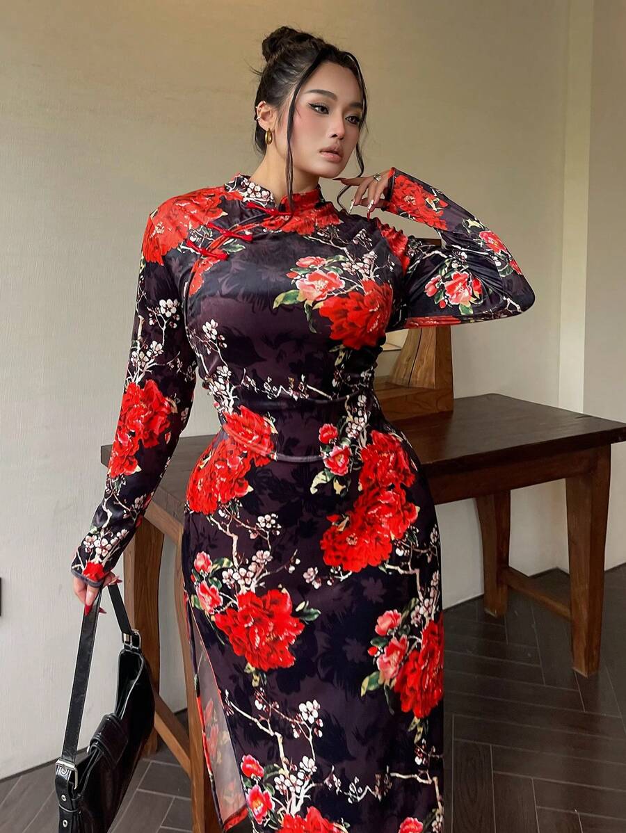 Celure 大码红色优雅中式立领长袖旗袍连衣裙 - 彩色 - 查看 1