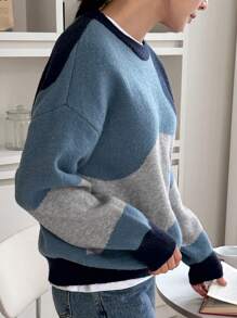 DAZY Women Casual Oversize Drop Shoulder Colorblock Knitted Sweater Fall - Blue - View 3