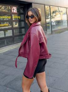 经典纯色前拉链长袖简约休闲复古酷炫飞行员夹克 - 酒紅色 - 查看 4